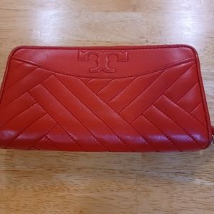 Tory Burch red leather zippy wallet
